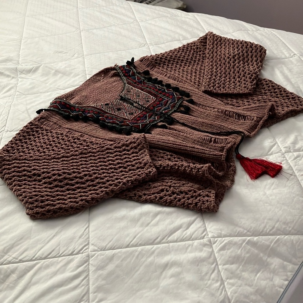 Bohemian Handmade Pullover Sweater Crochet Tassel Embroidery XL